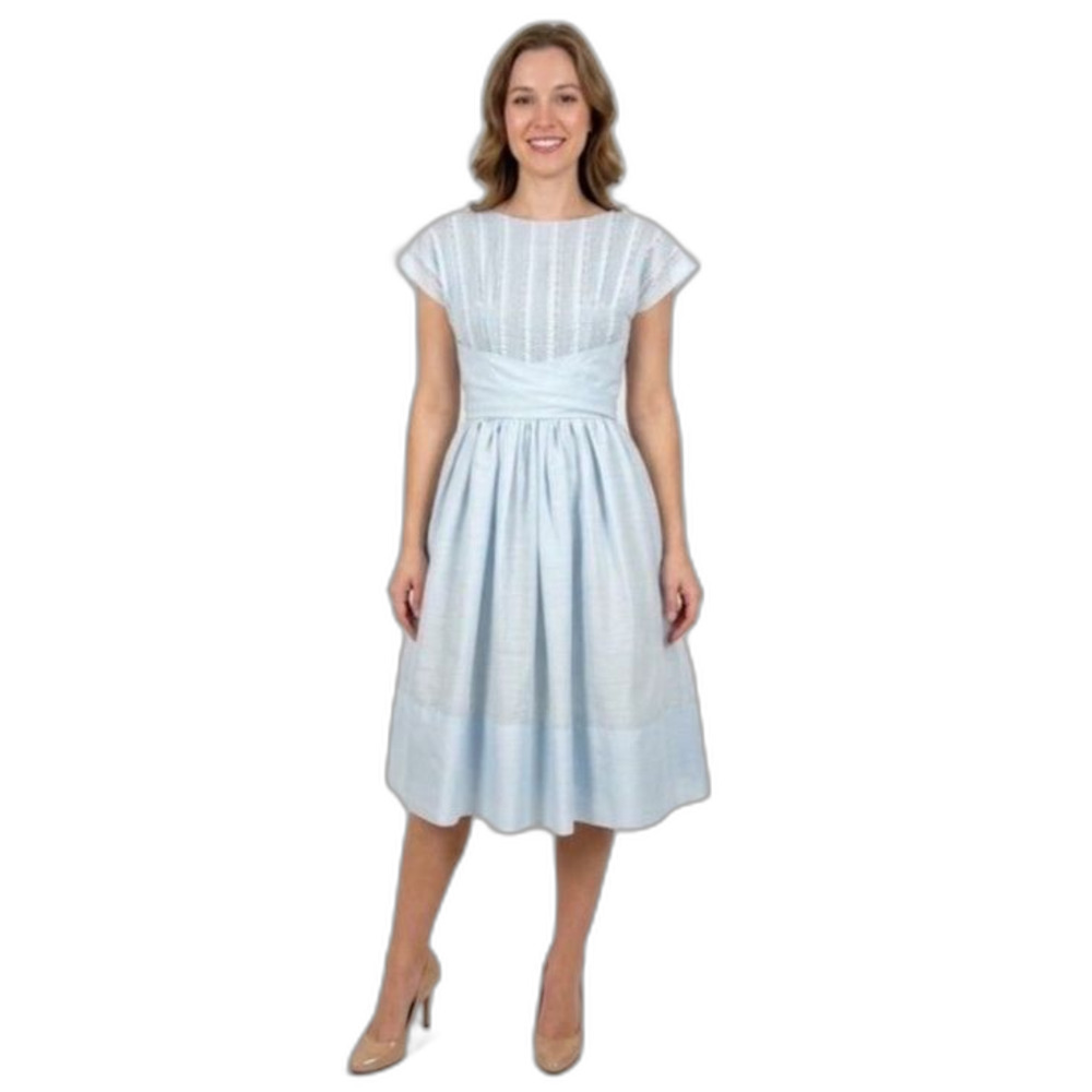 Women's Pale Blue Pintuck Lace Cap Sleeve Vintage 1950s Party Midi Dress Sz S